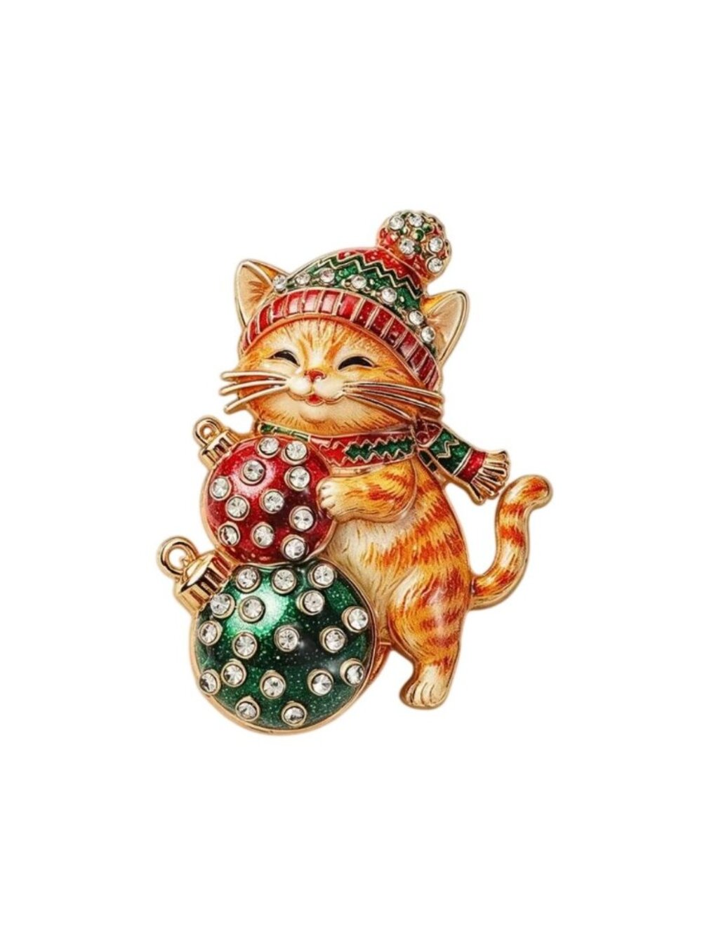 Cute Orange Cat Christmas Brooch Enamel & Crystal